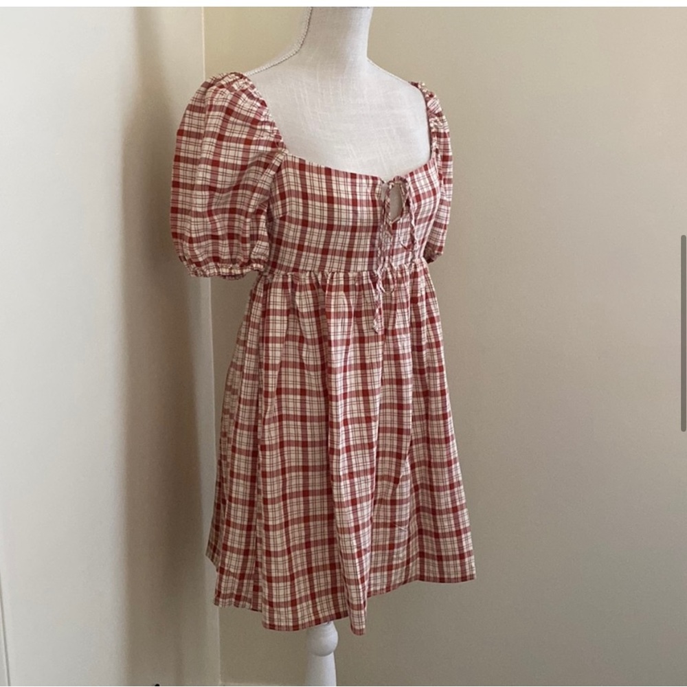 B.Darlin Plaid Red Puff Sleeve Baby Doll Keyhole Dress Size 3/4
